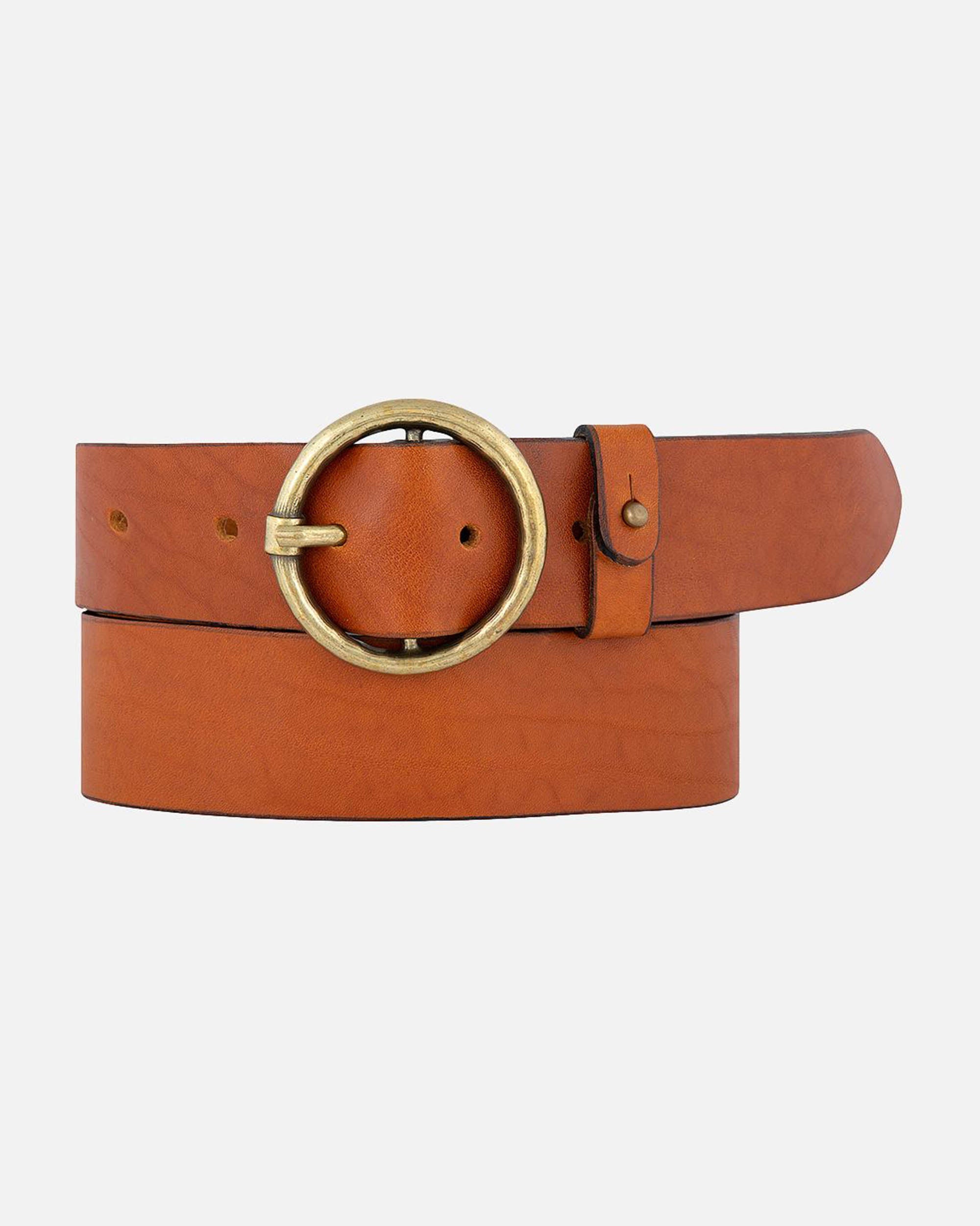 Leather Belt with Vintage Gold Round Buckle - AMSHRTG