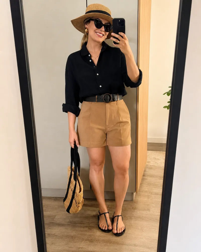 White tank and linen mini skirt with a tan belt