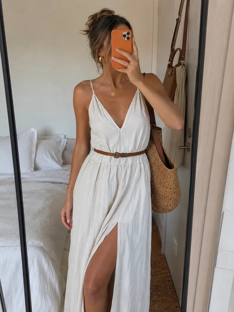 Neutral linen shirt dress with a tan belt