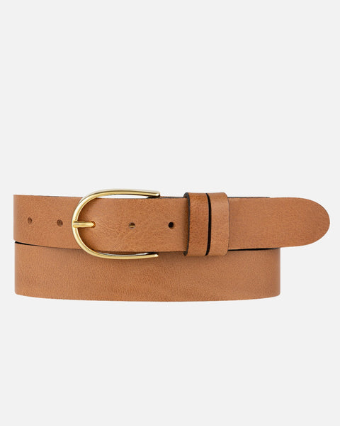 Women's Classic Leather Belt with Gold Buckle - AMSHRTG