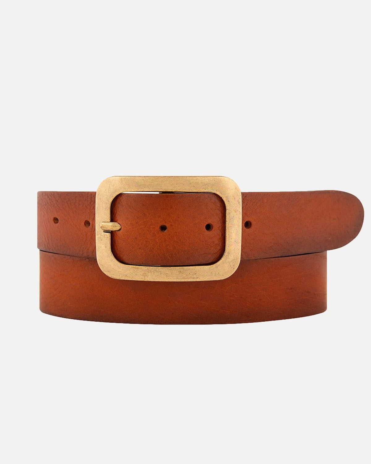 Women's Vintage Leather Belt with Gold Buckle - AMSHRTG 