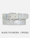 MADE TO ORDER Dakota | Silver Metallic Calf Hair Leather Belt