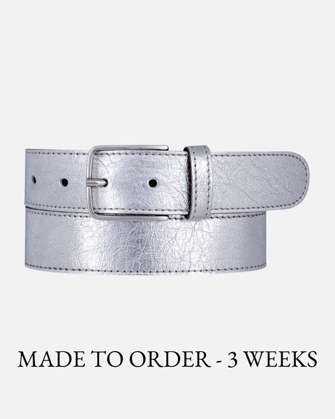 NWT HOBO International Metallic Silver Leather Wide Statement Accent Belt 36in Vida Wristlet in Metallic Leather - Pewter Spur – HOBO main image 2