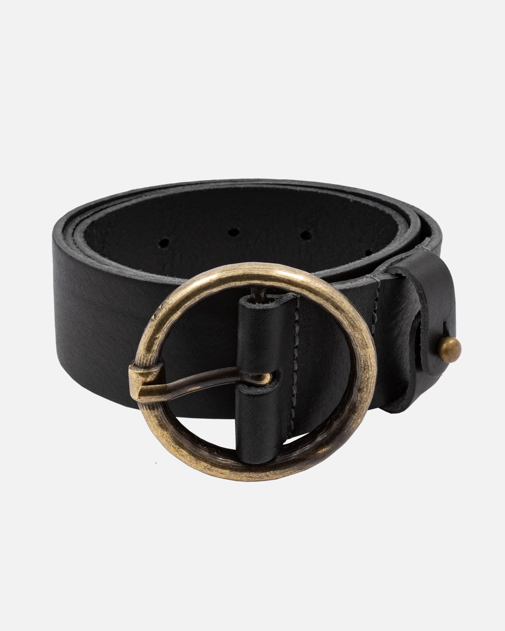 Leather Belt with Vintage Gold Round Buckle - AMSHRTG – AMSTERDAM 