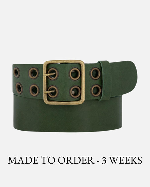 Women's Grommet Studded Leather Belt with Square Buckle - AMSHRTG 
