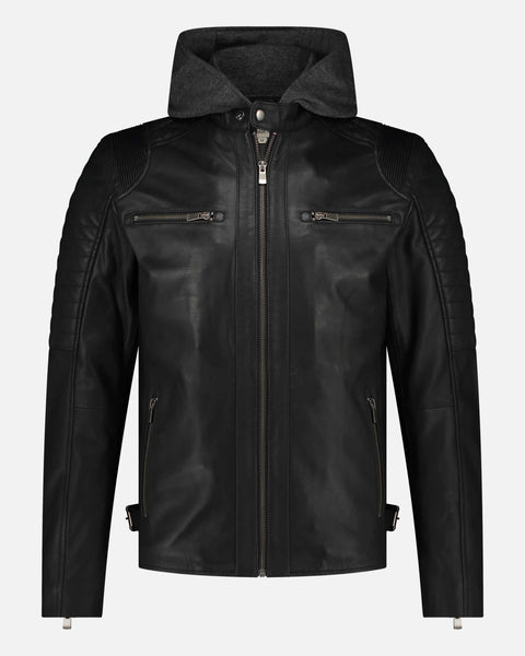 Men's Leather Motorcycle Jacket with Hood - AMSHRTG – AMSTERDAM