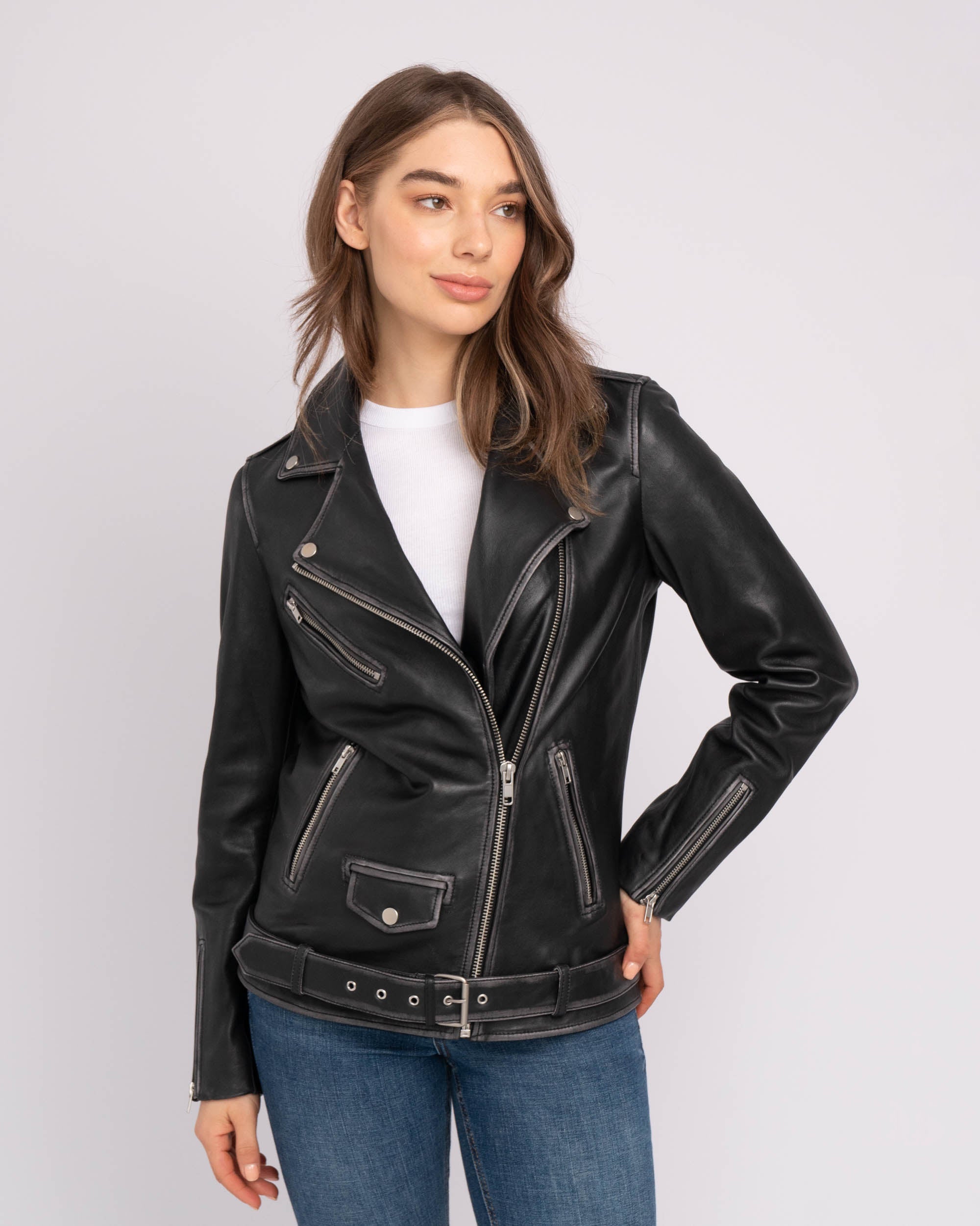 Berlin Premium Oversized Leather Biker Jacket for Women Dark Brown XL