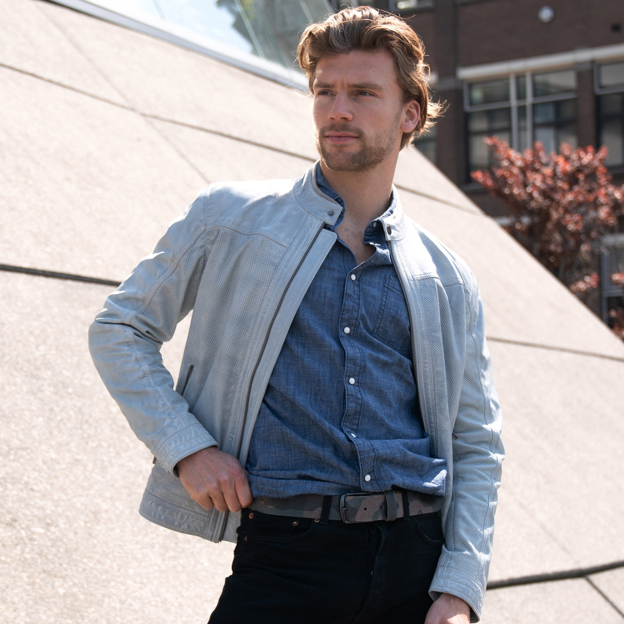 Men's Collarless Real Leather Jacket AMSHRTG – AMSTERDAM HERITAGE