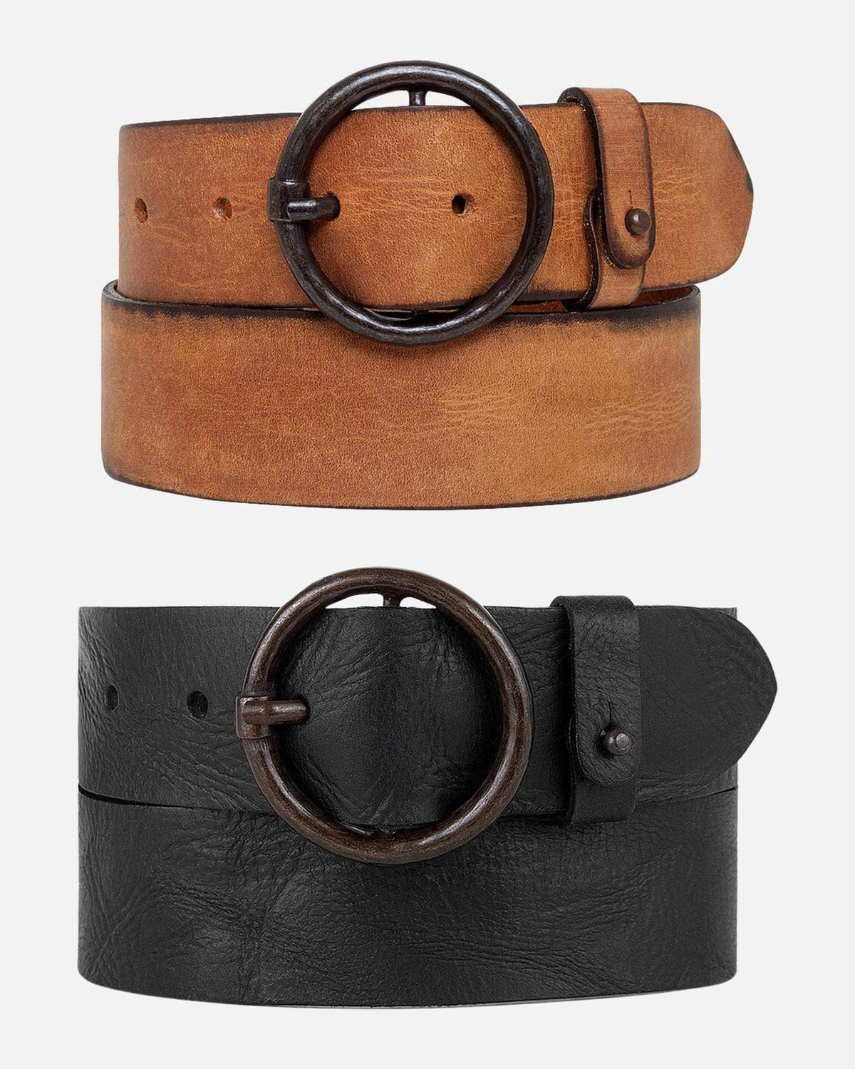 Pip leather belt in cognac and black, sold as a set of 2