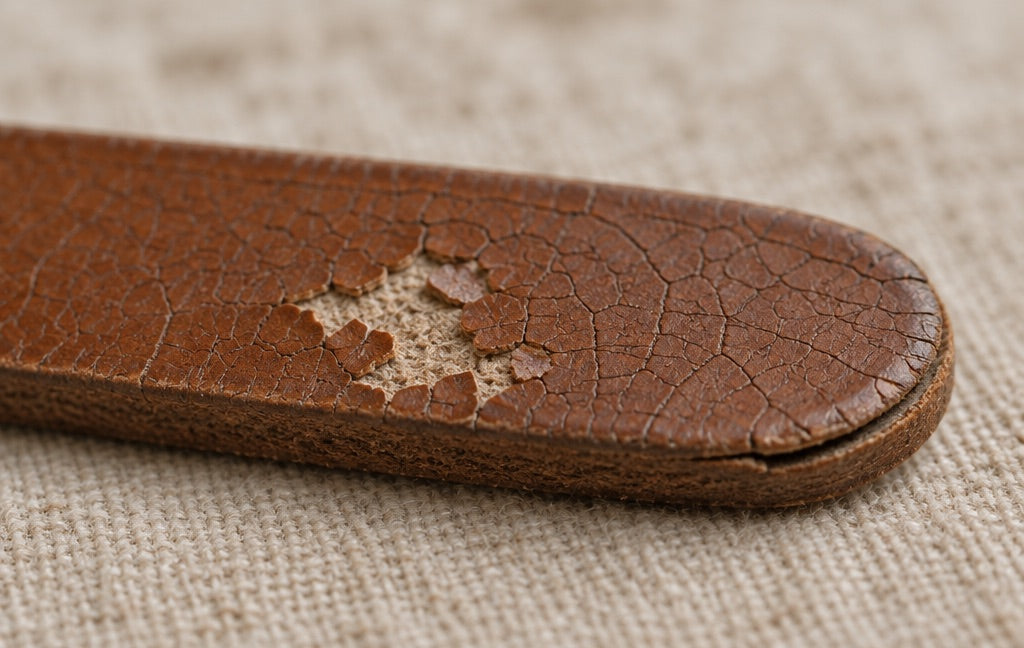 The end of a belt strap with a cracked, flaking finish, showing the pale backing underneath