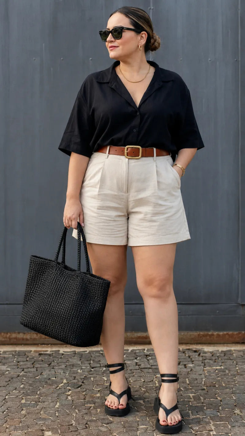 Black shirt and cream linen shorts with a brown belt