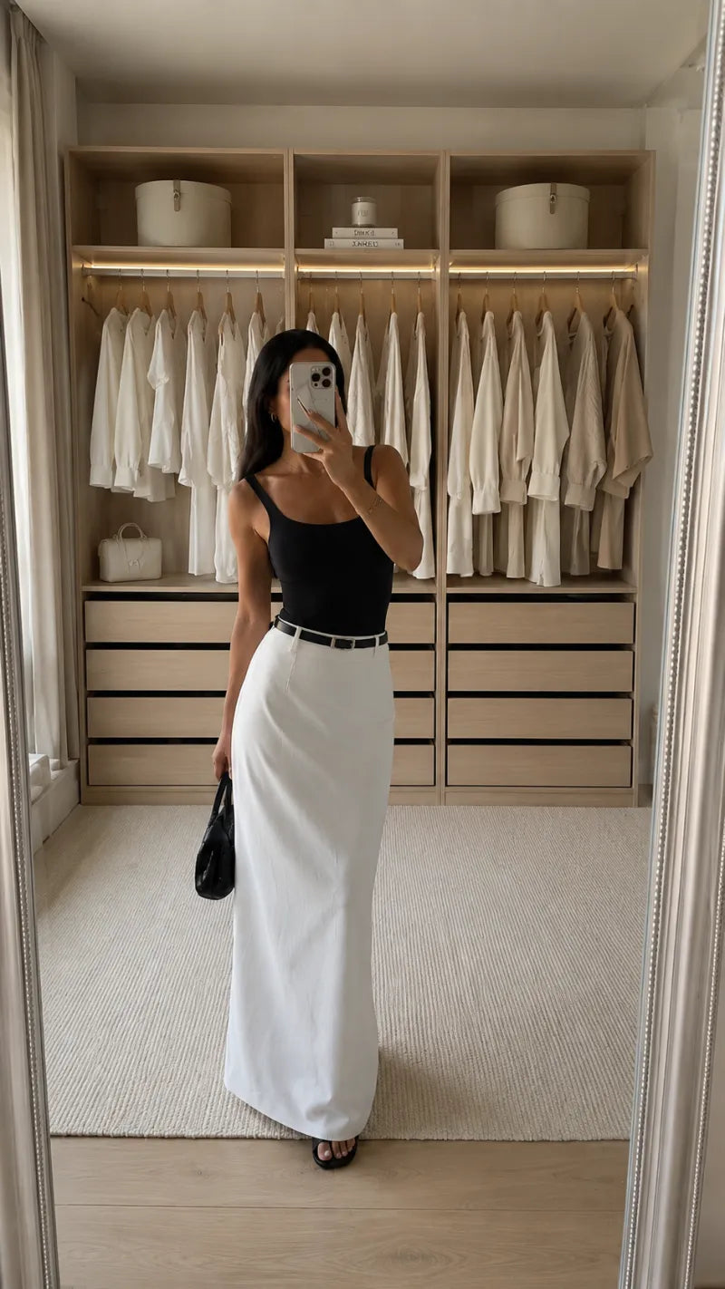 Black tank and white maxi skirt with a slim black belt
