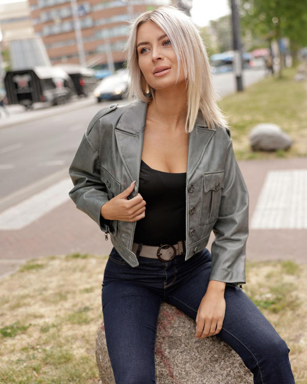 Grey Pip belt on dark jeans with a grey leather jacket