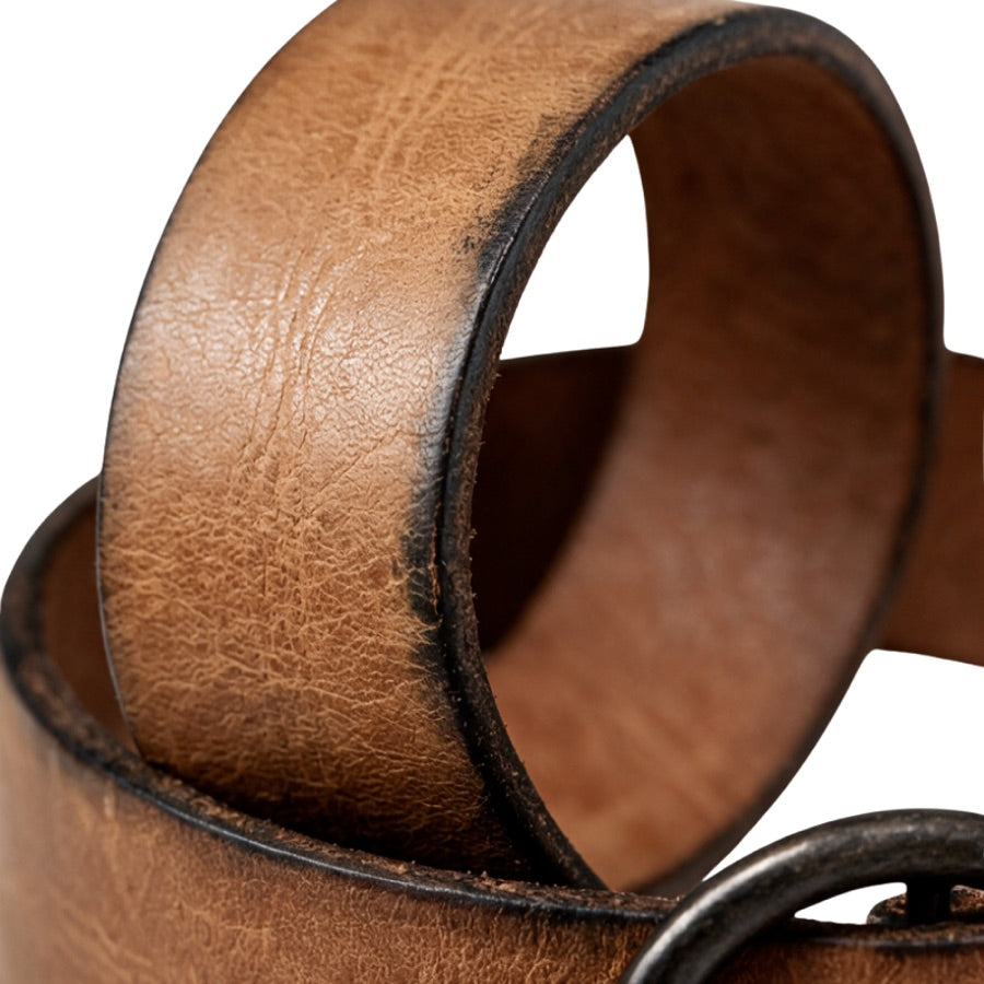 Close-up of the Pip's full-grain leather and hand-finished dark edges