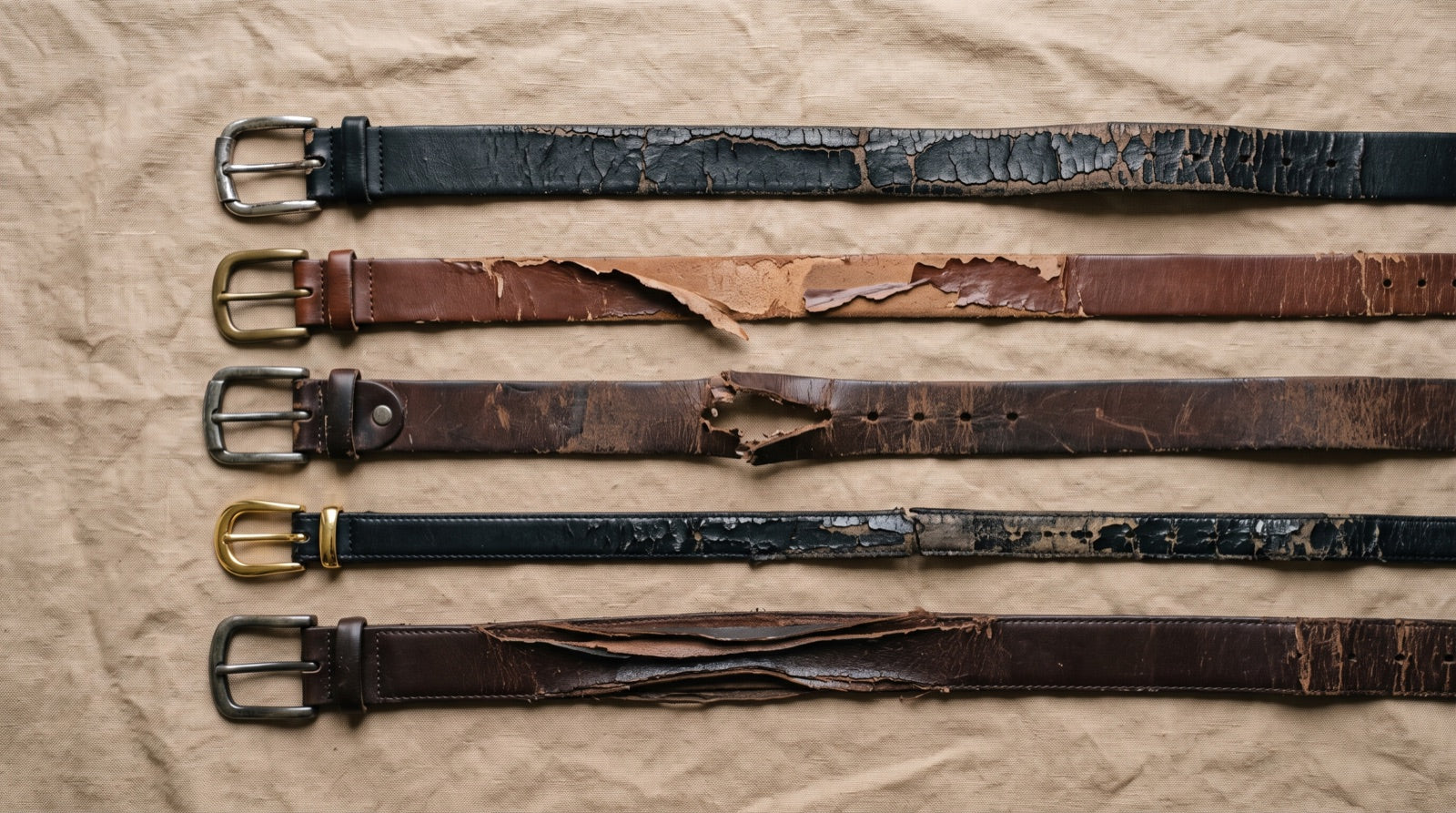 A drawer of belts that cracked