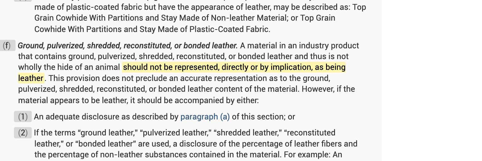 Screenshot of the FTC's leather guides with the line: should not be represented, directly or by implication, as being leather, highlighted