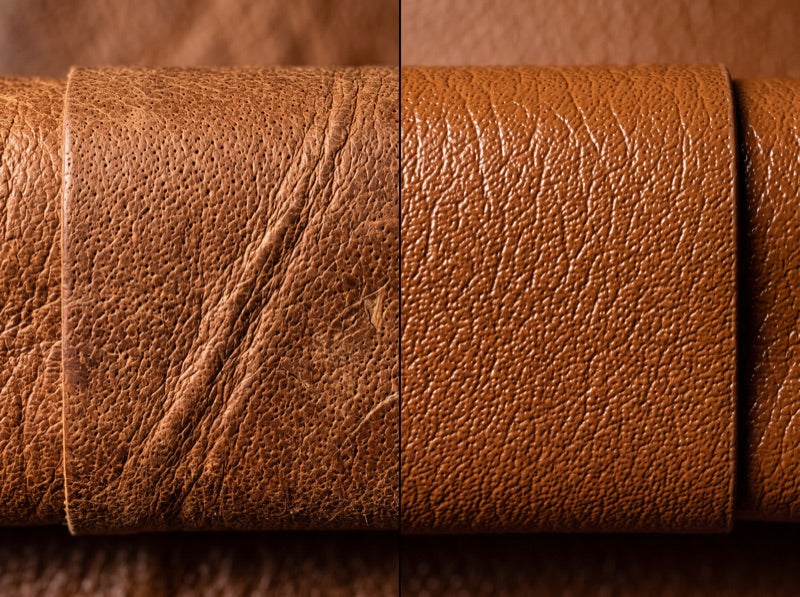 Natural full-grain leather with irregular pores beside a coated surface with a repeating stamped pattern