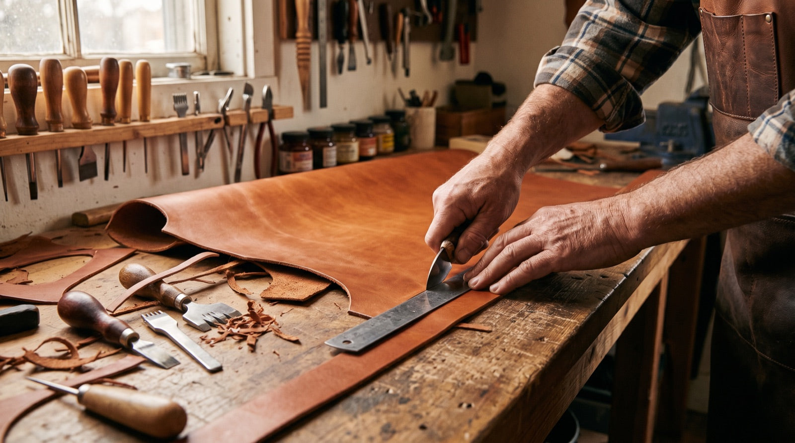 A craftsman's hands cutting a belt strap from a full hide on a wooden bench, edge tools and offcuts around